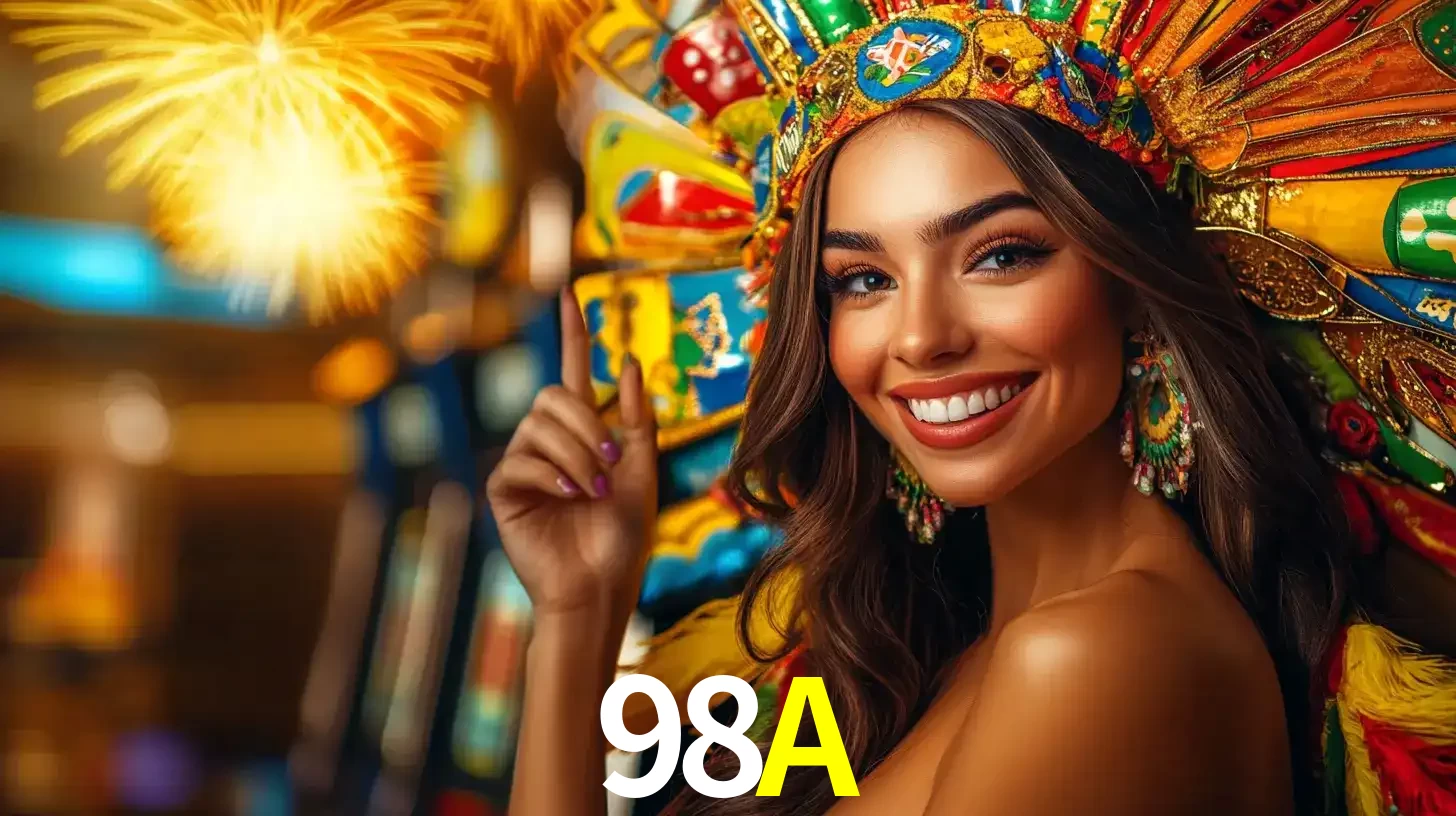 Mulher sorridente com um cocar de carnaval vibrante e colorido, celebrando uma grande vitória nos jogos do cassino 98A com fogos de artifício ao fundo.