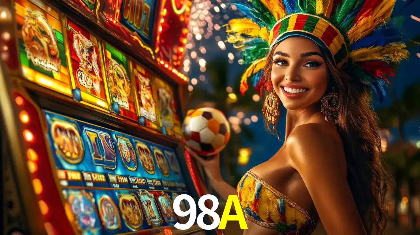 Mulher com um cocar de carnaval ao lado de uma máquina de caça-níqueis enquanto segura uma bola de futebol, mostrando a união da diversão de cassino e esportes no 98A.