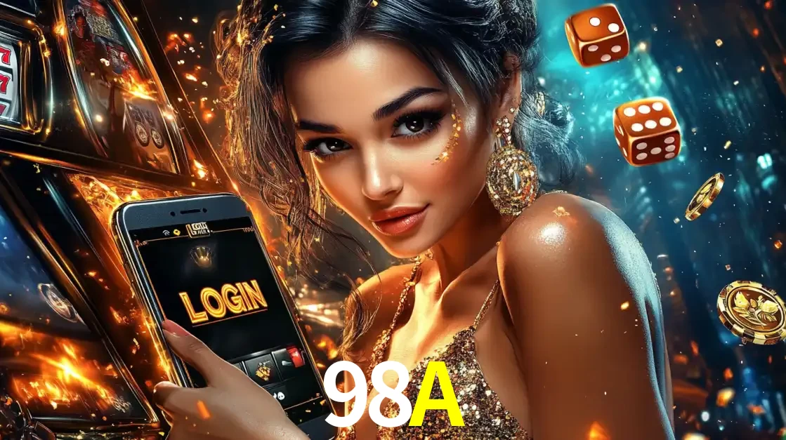 Mulher glamourosa segurando um celular com a tela de login do cassino 98A, rodeada por dados e moedas douradas, pronta para começar a diversão.