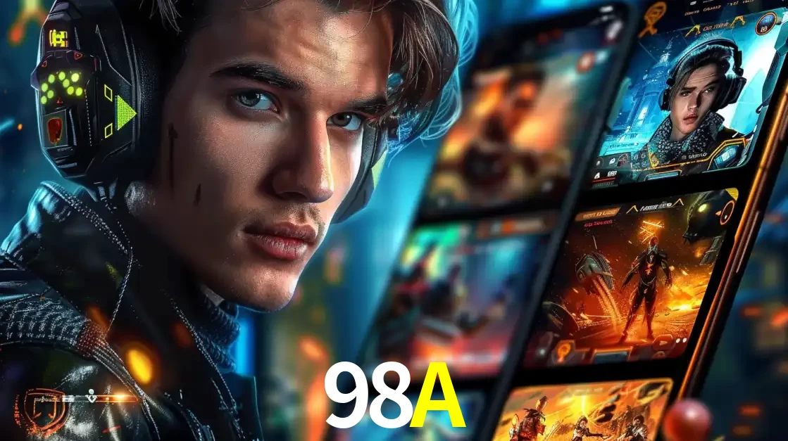 Jovem jogador com fones de ouvido olhando para a câmera, com um aplicativo de jogos e e-sports para celular ao fundo, pronto para a competição e apostas no 98A.