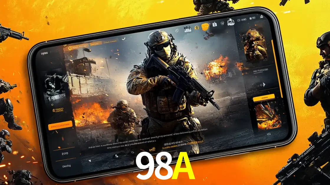 Um smartphone exibindo a interface de um jogo de tiro em primeira pessoa, com um soldado em um cenário de batalha, representando a ação dos e-sports para apostar no 98A.