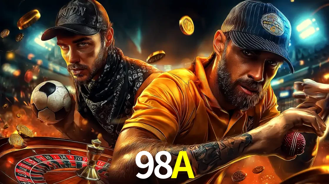 Montagem de apostas esportivas e cassino no 98A, com um homem segurando uma bola de futebol e outro uma de beisebol sobre uma roleta e moedas voadoras.