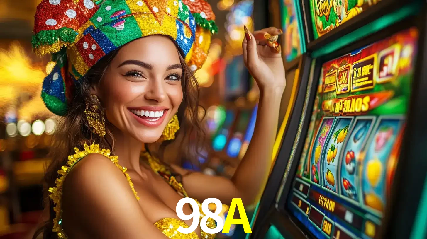 Mulher feliz com traje de carnaval amarelo e colorido ao lado de uma máquina de caça-níqueis, aproveitando a diversão e os jogos temáticos do cassino 98A.