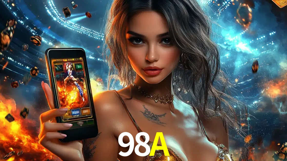 Mulher segurando um celular com um jogo de slot em destaque, tendo como fundo um estádio vibrante, simbolizando a emoção de jogar no cassino móvel 98A.